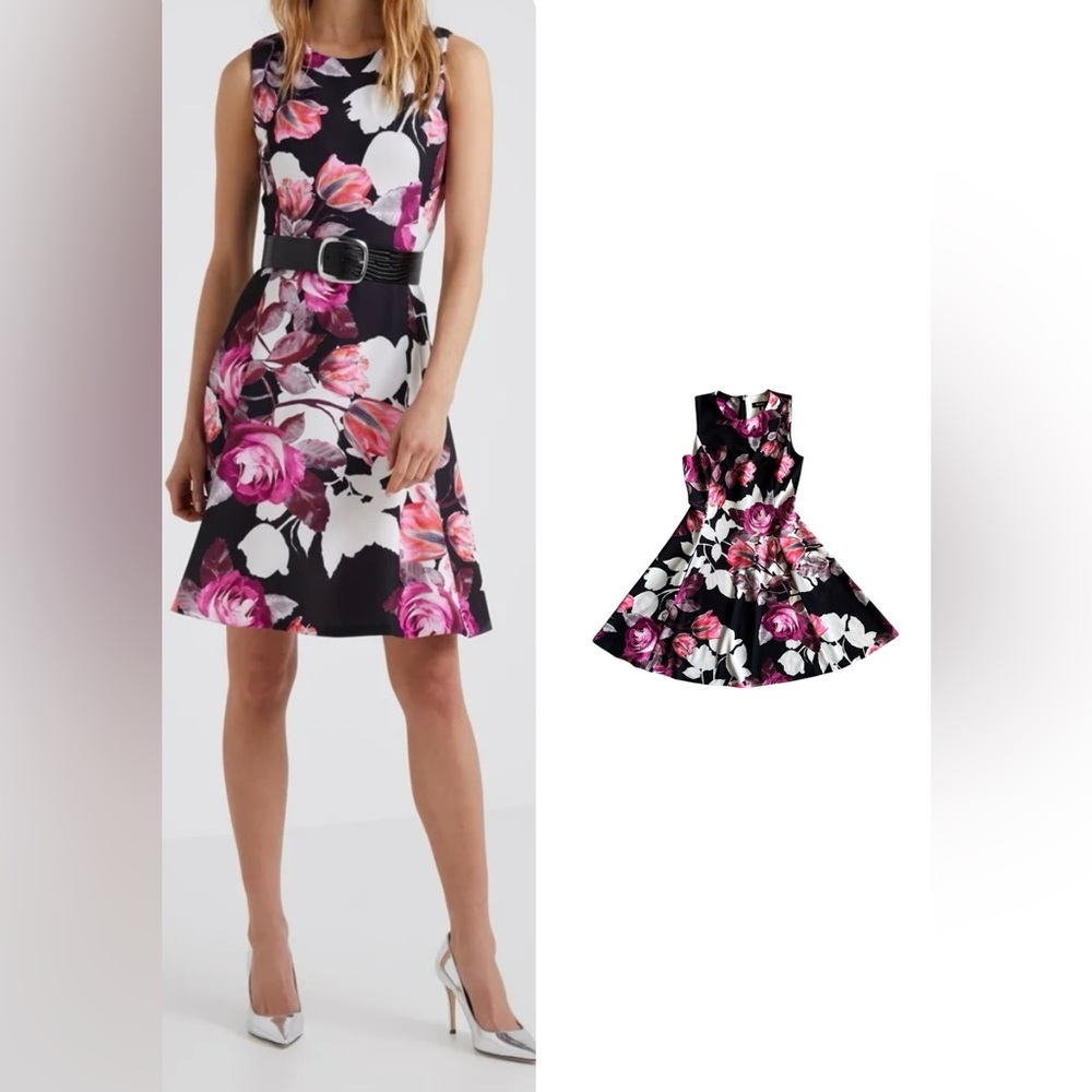 DKNY sleeveless rose print Floral Fit-and-Flare Dress in Black and Pink size 4